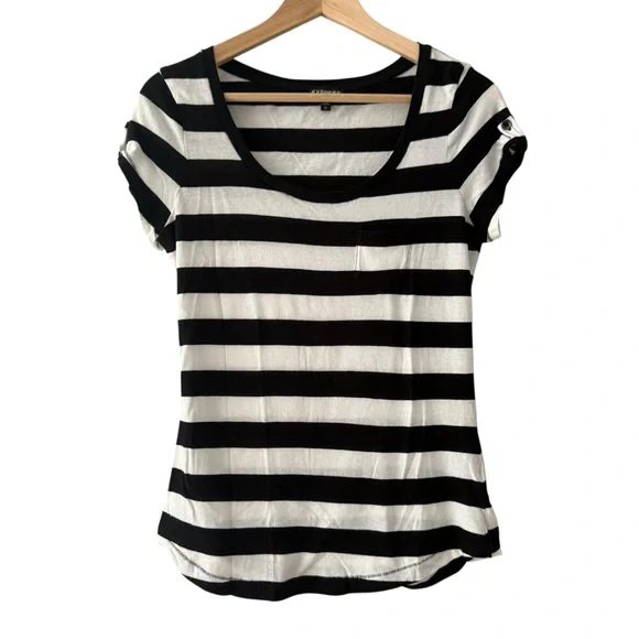 Express Black and White Striped Short Sleeve Tee - Picture 1 of 5